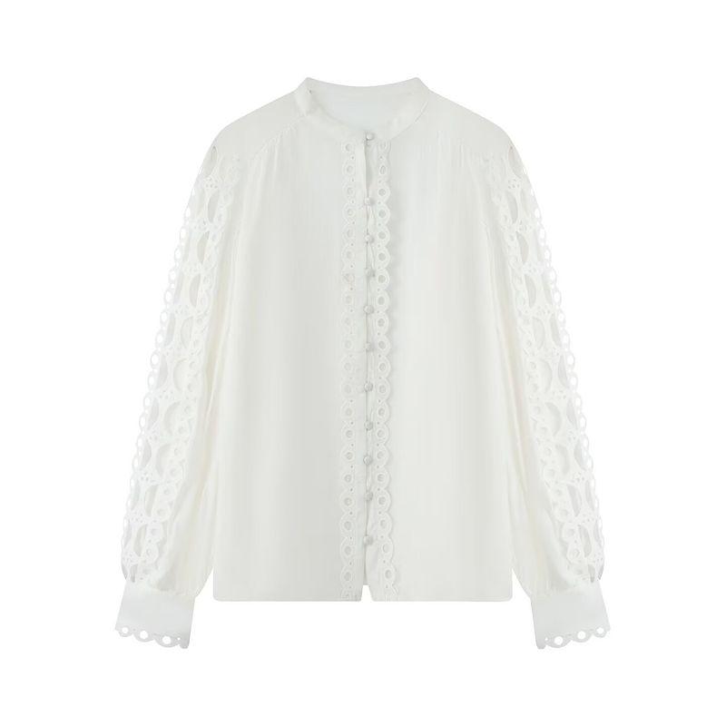 

Autumn New Arrival Fashion Wind Foreign Trade Women s Clothing Stylish Simple and Versatile Pure Color Lace Trim Tops 1303736 White L
