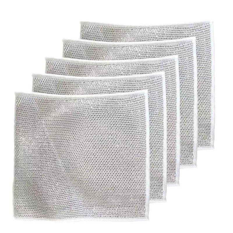 5pcs Kitchen Dishwashing Cloth Mesh Steel Wire Non-stick Oil Dish Cleaning Towel Reusable Rag Household Cleaning Cloths 1