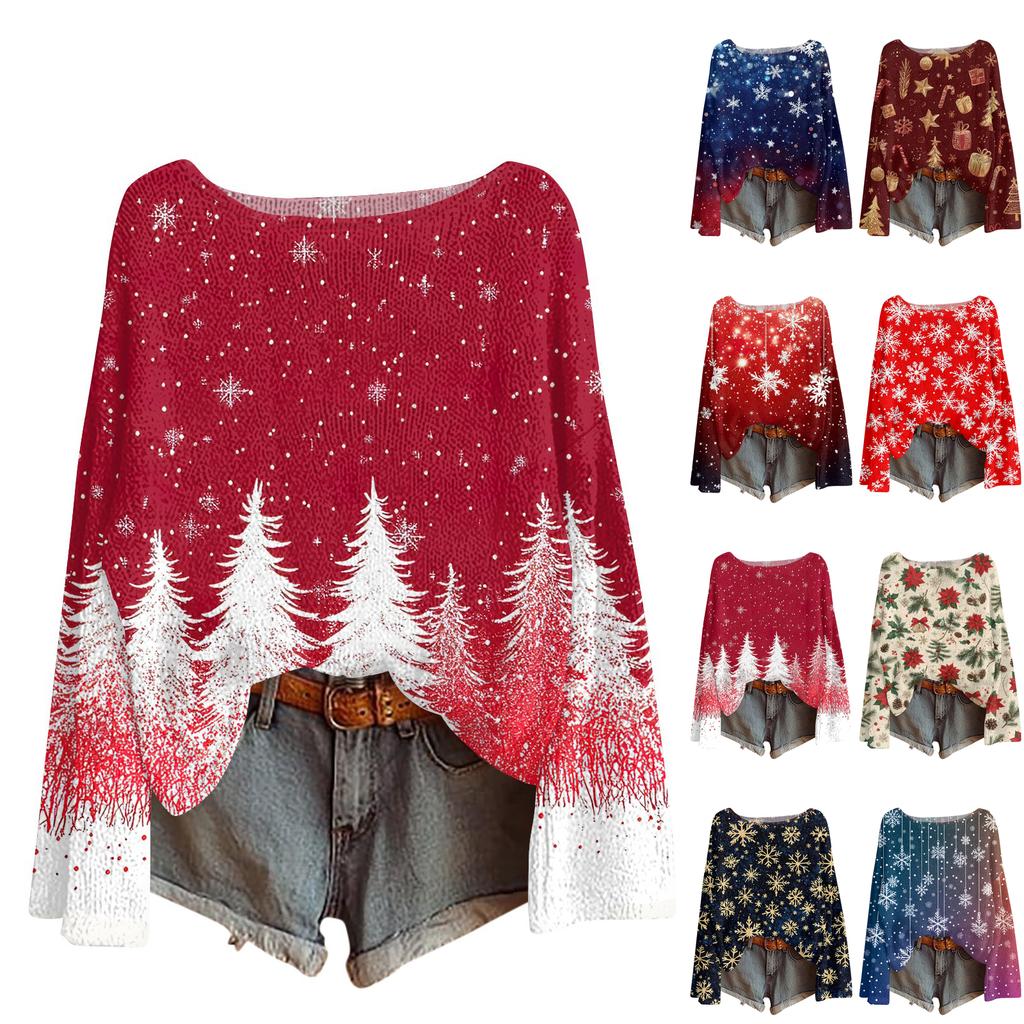 Women's Round Neck Lightweight Sweater Casual Long Sleeve Christmas Print Knit Pullover.