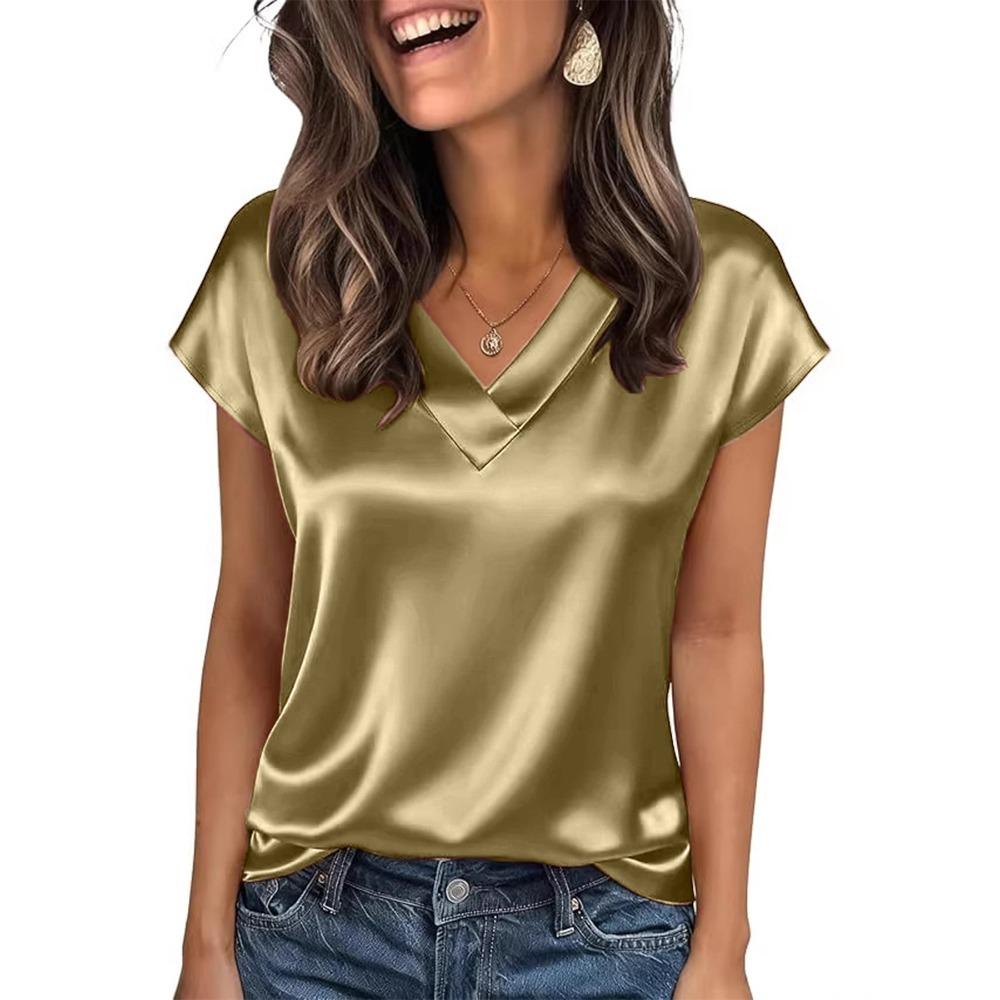 21-Color Women's Satin T-shirt Spring and Summer European and American Women's Clothing New V-neck Satin Casual Top Women