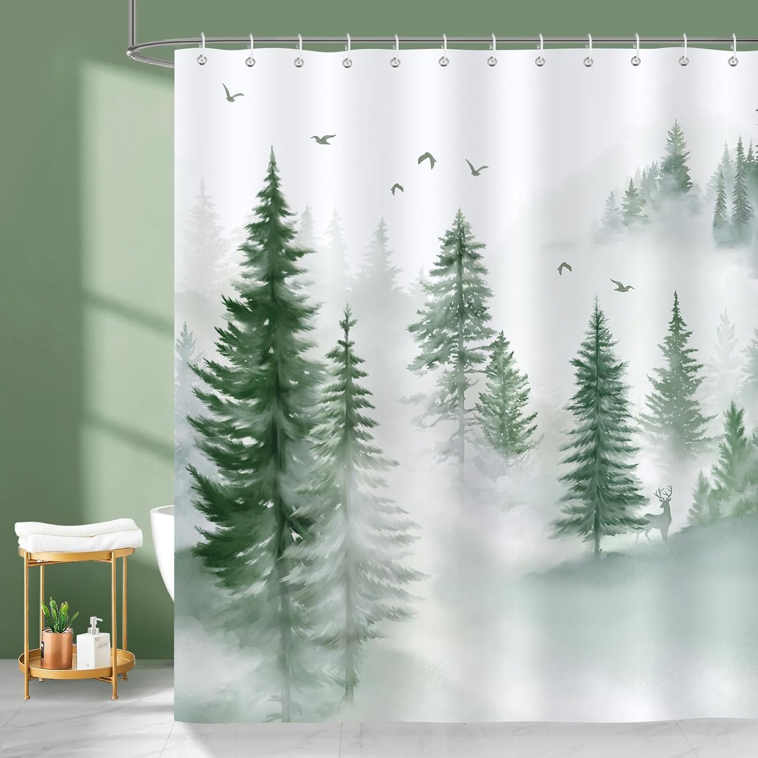 Mist Forest Shower Curtain Green Mist Tree Mystery Waterproof Mildew Washable Polyester Shower Curtain, 180 X 180Cm, W60H190(CM)-1 Pcs