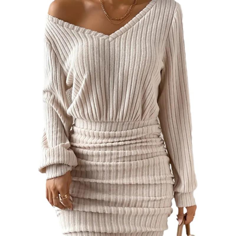 2024 Women's Brushed Stripe V-Neck Long Sleeve Waist Hip Dress for Autumn/Winter