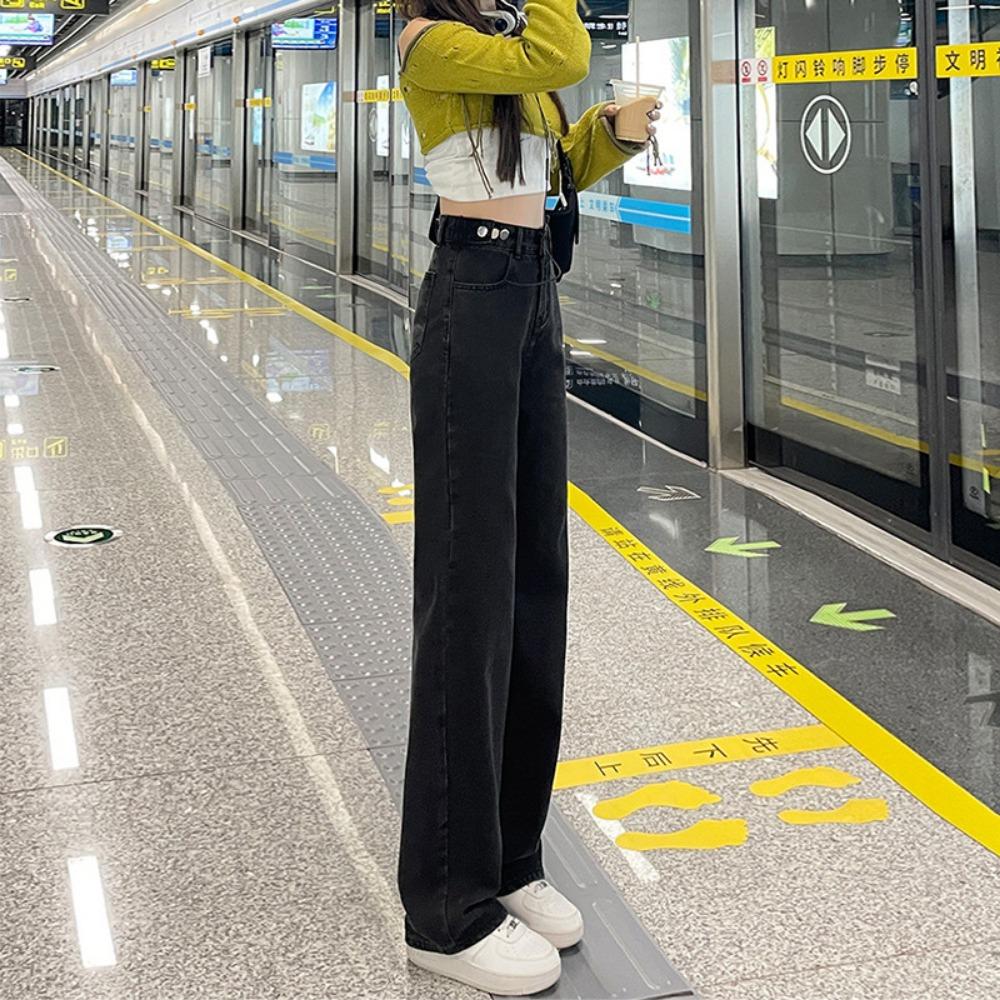Loose Adjustable Wide-leg Jeans Women's 2025 Autumn and Winter New High-waisted and Thin Straight Jeans