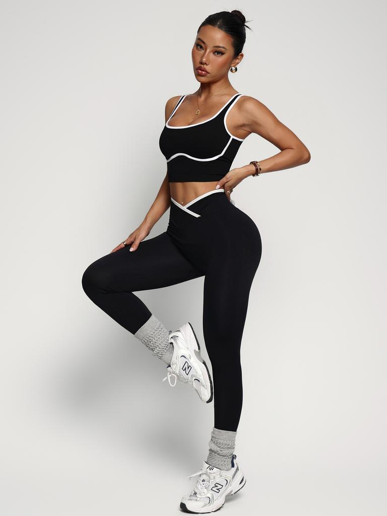 Women Black White Color Block Sports Bra High Waist Leggings Workout Set Activewear Yoga Set
