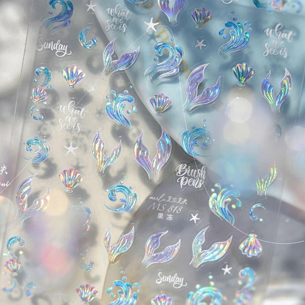 5D Deep Sea Fish Nail Art Stickers Shimmery Bubble Colorful Marine Life Nail Decals Ocean Self Adhesive Manicure Decal