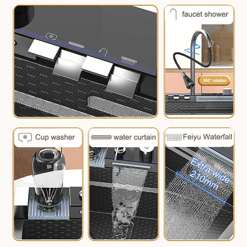 Edelstahl-Wasserfall-Küchenspüle, großes Einzelfach, integriertes Digitaldisplay, Wasserhahn-Set, multifunktionales Waschbecken