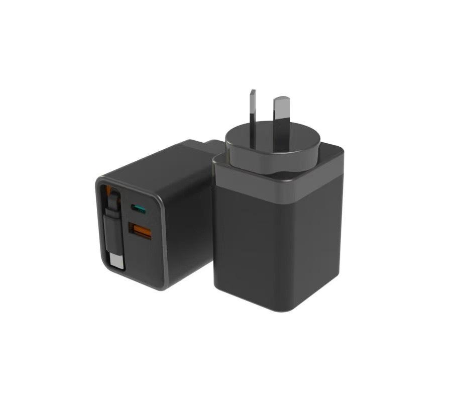 

65W Dual Port PD Charger with Retractable Type-C Cable for Fast Charging (A+C) AU Standard чорний