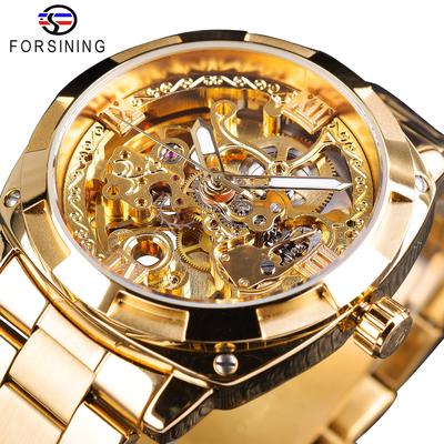 Fashion Transparent Retro Men's Automatic Mechanical Watch Top Brand Luxury Full Golden Luminous Hands Skeleton Clock