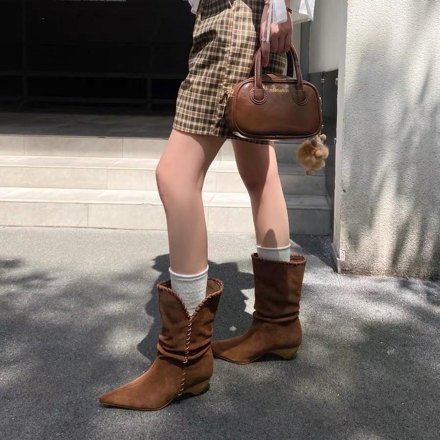French Retro Pointed Pleated Thick Heel Medium Tube Short Boots Children 2025 New Temperament Hundred Fashion with Western Boots