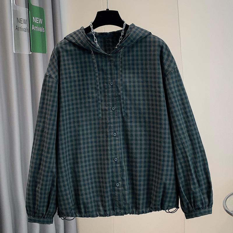 Women s Retro Spring Green Plaid Cotton Hooded Shirt M зелёный