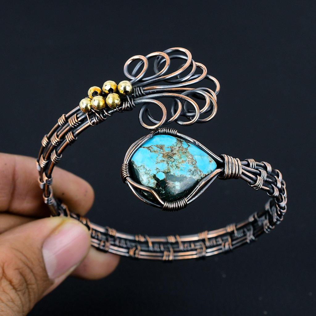Tibetan Turquoise Bangle, 999 Copper Wire Wrapped Gemstone Jewelry, Handmade Bangle For Mother Day