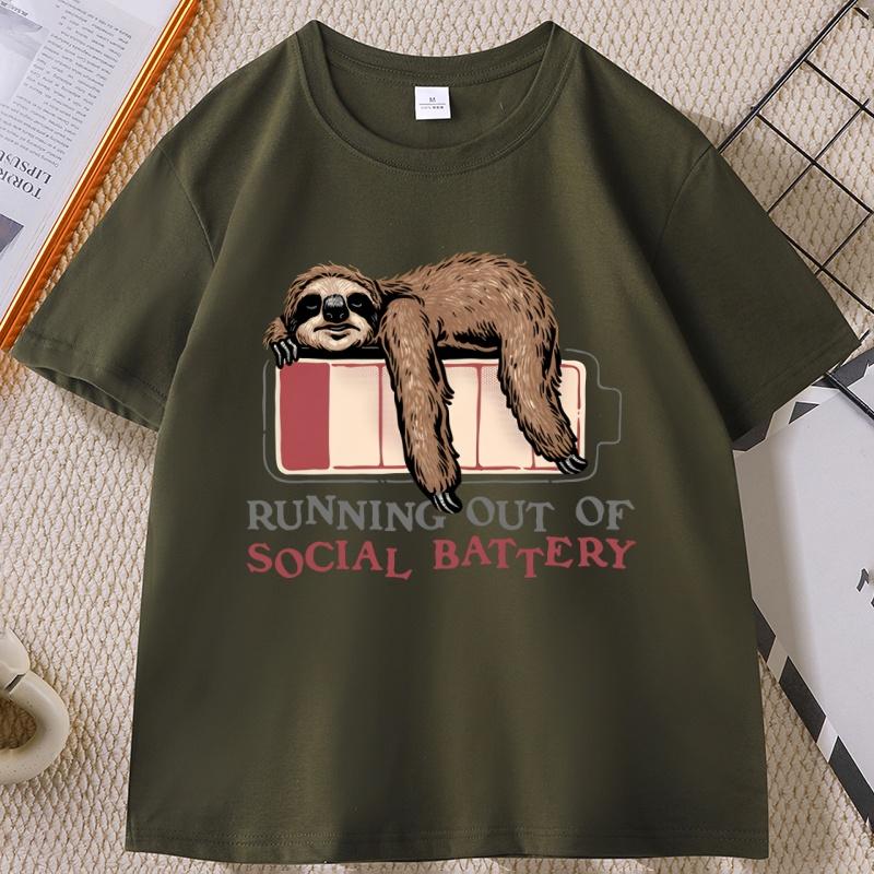 Running Out of Social Battery Sloth T Shirt Unisex Women Funny Graphic T Shirts Casual Round Neck Printed Short Sleeve Male