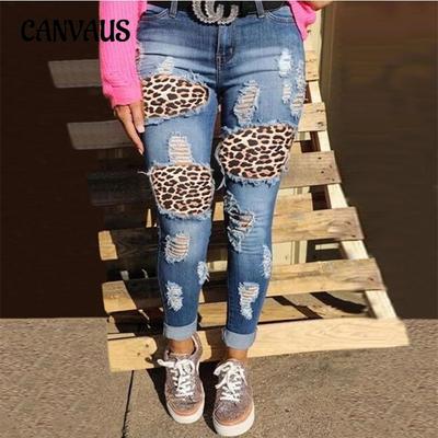 Ripped Pant Women's Jeans Personalized Leopard Patches Printed High Waisted Trousers