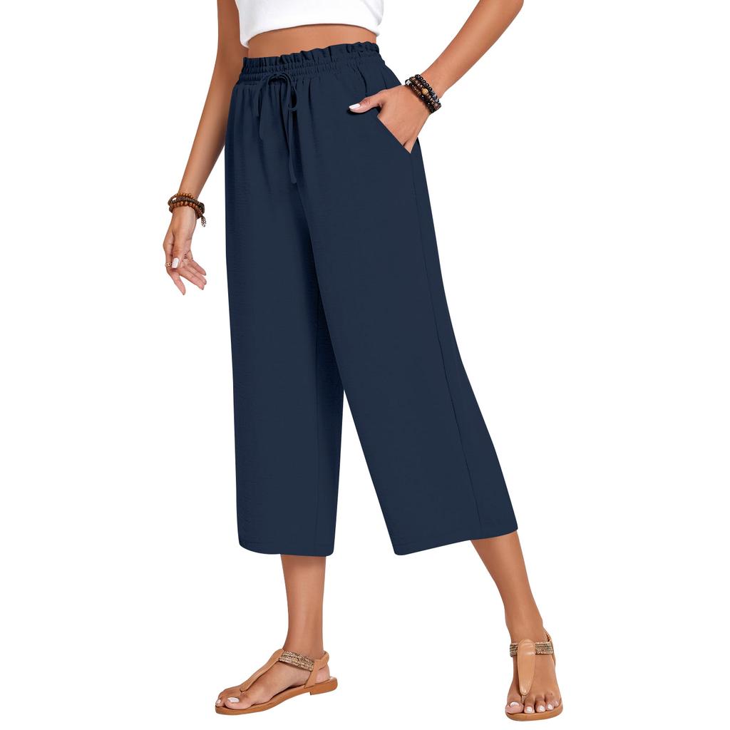 Women's High Waist Wide Leg Pants with Drawstring Elastic Waist in Multiple Colors