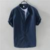 Men's Dark Blue Stand-Up Collar Linen Shirt: Short-Sleeved, Retro, Breathable, Casual, Japanese Style