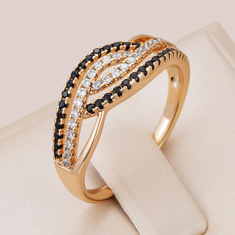 Trendy Full Black With White Natural Zircon Rings For Women Fine  Rose Gold Color Geometric Daily Accessories Jewelry