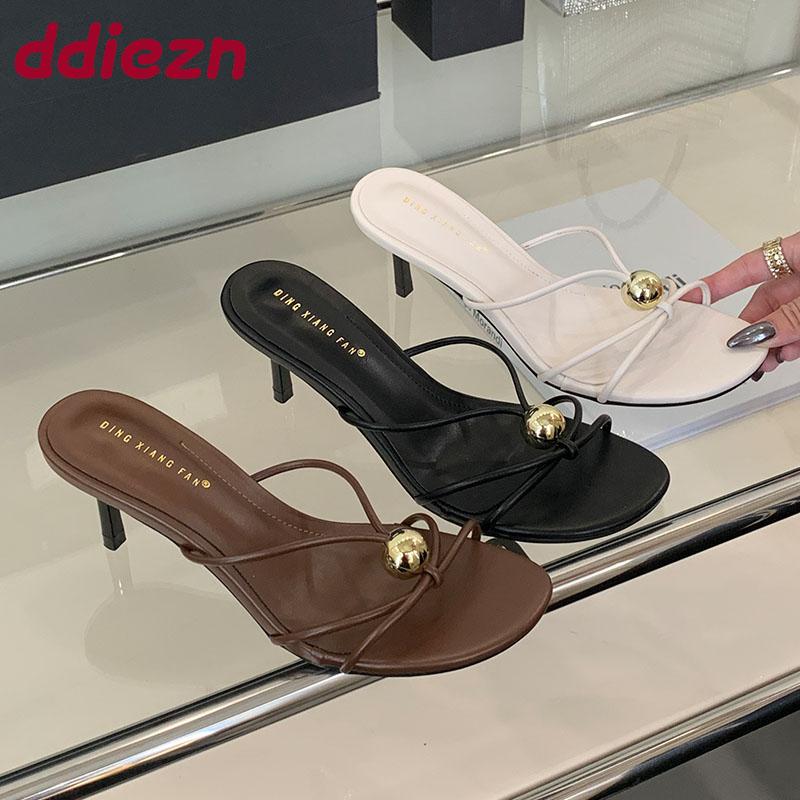 Fashion Thin Heels Footwear Slippers Slides Shoes For Women Metal Fashion Round Toe Ladies High Heels Slippers Female Sandals 2025 New