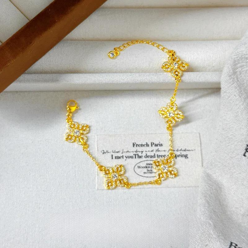 Real Gold New Chinese Style Full Diamond Five-flower Cross Vajra Bracelet Women Four-leaf Clover Bracelet