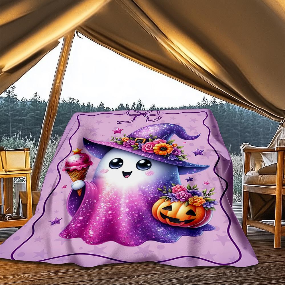 1pc Ghost Witch Hat Throw Blanket Polyester Fiber, Lightweight Flannel, Soft & Warm, All Season Use for Outdoor, Camping Digital Print
