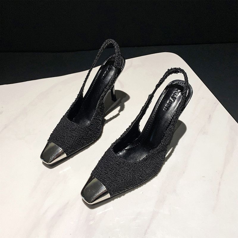 Black high heels women's 2025 spring new thin heels imperial sister style with dress metal pointed sexy bag head sandals