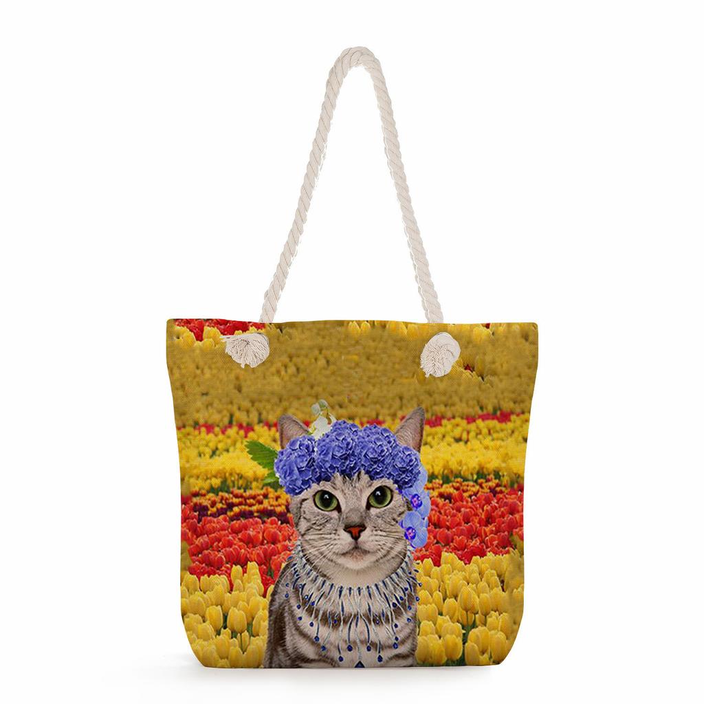 Cat Print Thick Rope Single-shoulder Beach Bag 7266 KTB