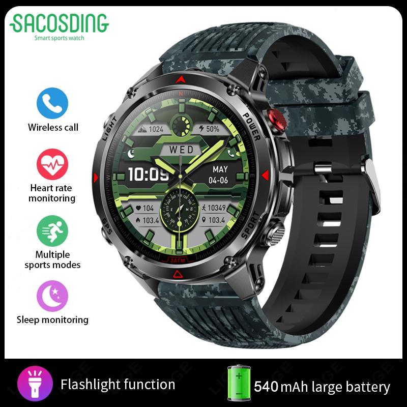 SACOSDING Military Outdoor Sports GPS Smartwatch LED Flashlight 540mAh Battery IP68 Waterproof Compass Bluetooth Call For Xiaomi