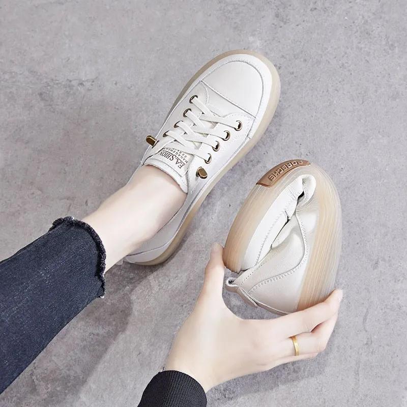 small white shoes Fashion Genuine Leather Shoes Women Luxury Casual shoes low Flat Wide toed Women's Tennis Shoes soft women's shoes