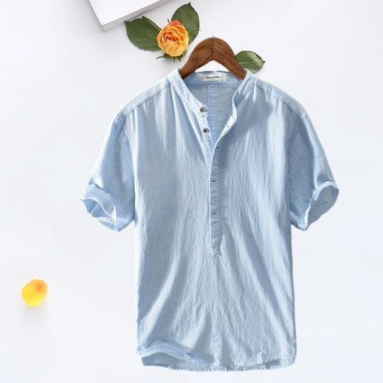 Pánská košile s krátkým rukávem se stojáčkem, knoflíky, poloviční légou, nežmolkující, letní, ležérní, jednobarevná, tenká košile, denní oděv