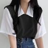 Lapel Short Sleeve Loose Fit Women Blouse Preppy Style Fake Two Pieces Tee Top Streetwear