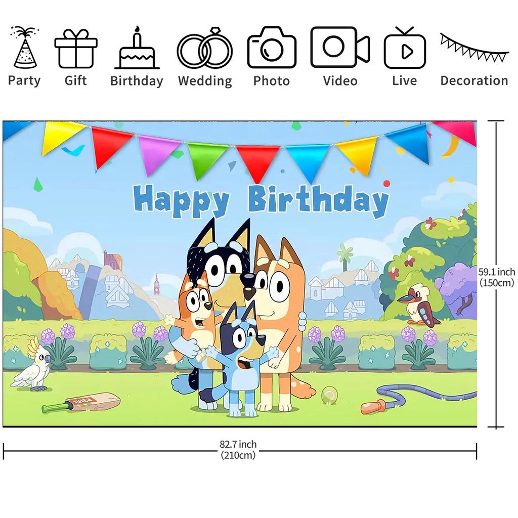 Bluey Happy Birthday Backdrop Bluey Family Birthday Party Banner Photo Background for Kids Boys Girls Birthday Party Decorations
