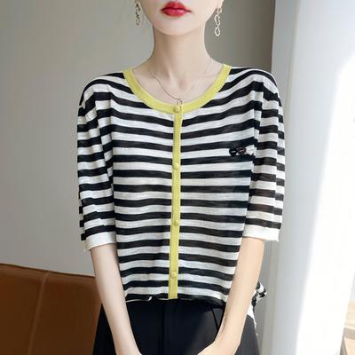 Bambusgelenk Gestreiftes Kurzarm-T-Shirt für Damen Sommer Neu Europäischer V-Ausschnitt Farbblockierung Mode Temperament Pullover Shirt Dünner Stil