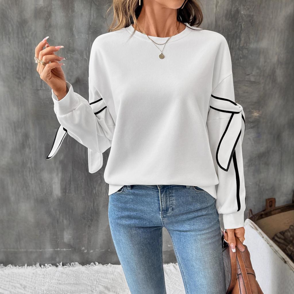 Autumn's New Contrasting Color Three-dimensional Bow Round-neck Long-sleeved Pullover Hoodie for Women