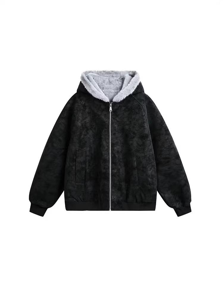 Unisex American Eagle Lychee Leather Hooded Jacket: Winter Plus Velvet, Thick, Loose Fit