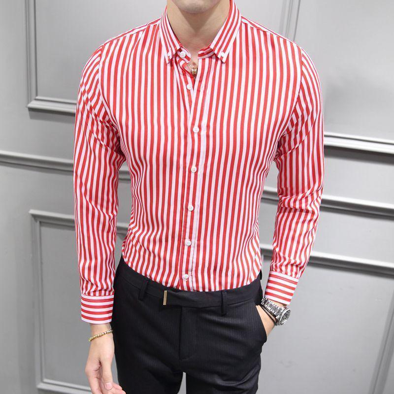 Męskie koszule biznesowe casual w paski, dopasowane, w stylu koreańskim - Modne ubrania na wiosnę/lato