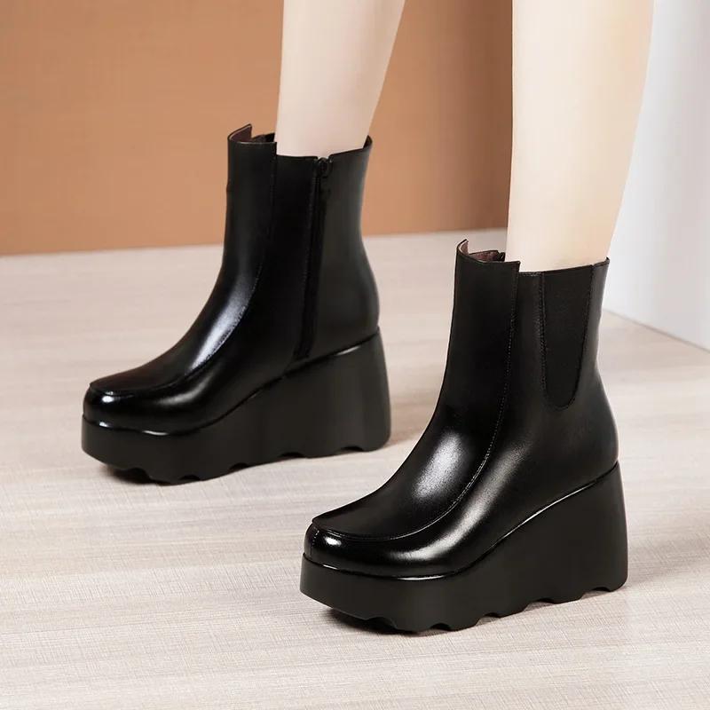 Mărimi Mici 32-43Pantofi de Pluș cu Talpă Groasă Iarnă Femei 2025 Eleganți Tocuri Înalte Wedge Glezne Cizme Botine din Piele Moale Platformă