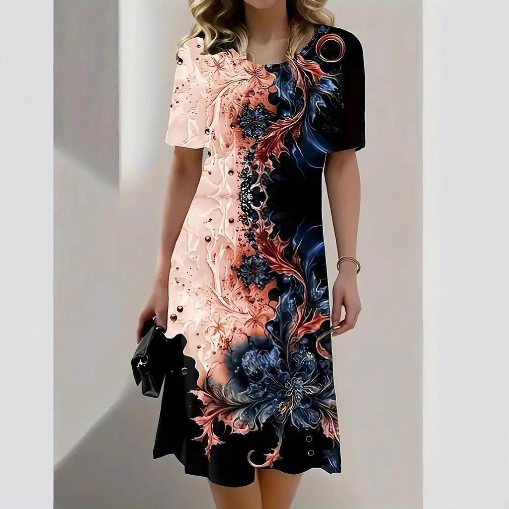 Amazon European and American Standard Size New Summer Printed Round Neck Pullover Lady A-line Short Sleeve Dress Popular In Europe