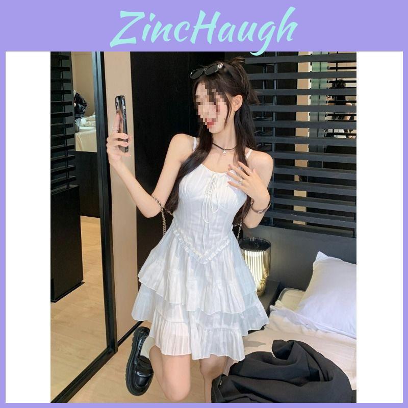 White Strap Dress Summer Knit Fabric Sleeveless Waist Short Skirt For Women