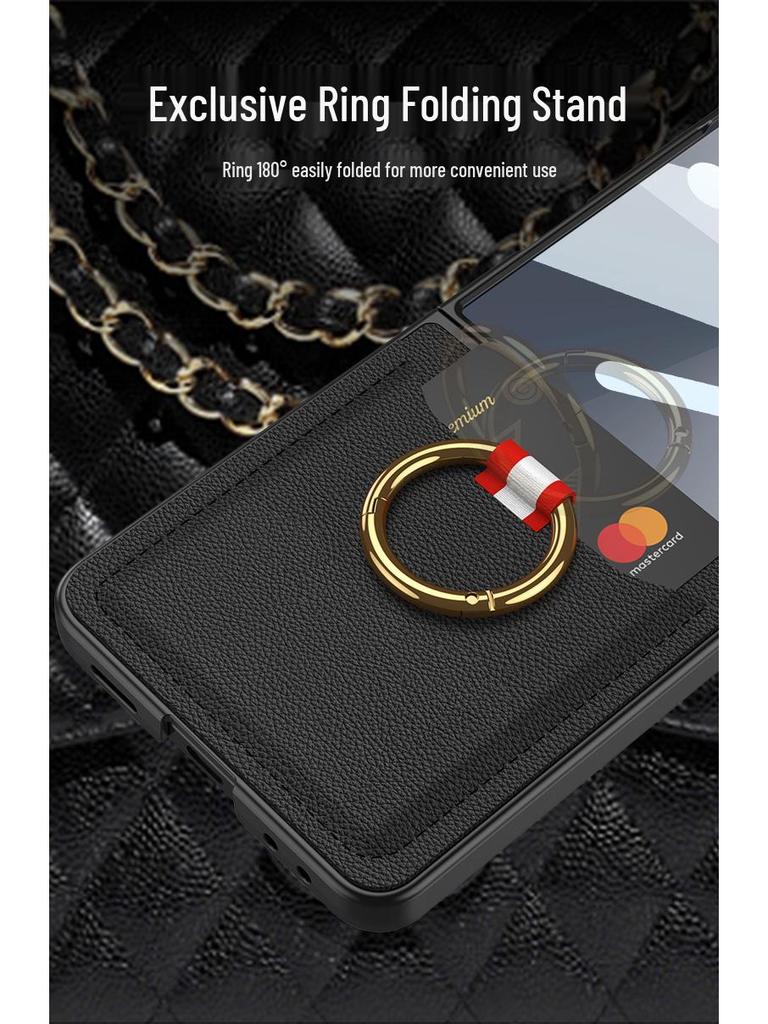 Samsung Z Flip7 Ultra-Thin Leather Case: Full Coverage, Card Holder, Ring, Anti-Drop Protection