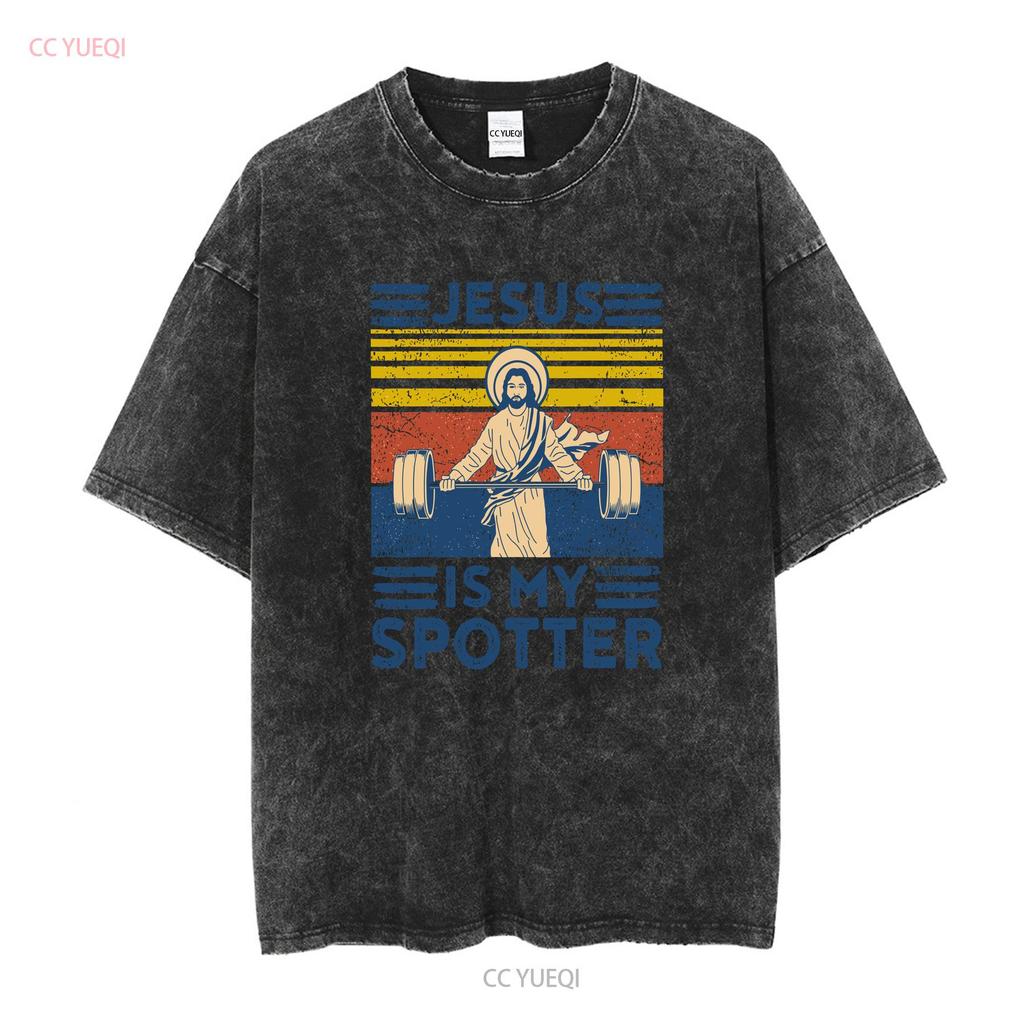 Seltenes Neues Lustiges Fitness T-Shirt Jesus Ist Mein Spotter Workout Vintage Gewaschen Mode Atmungsaktiv Lässig Weich Designer Kleidung