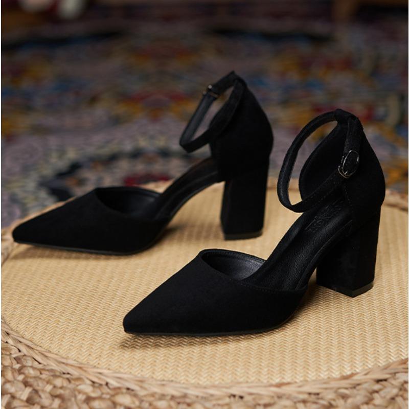 31-44 Women Pumps Fashion Black High Heels Shoes Flock Pointed Sandals Summer New Party Thick Heel Shoes Ladies Wedding Shoes