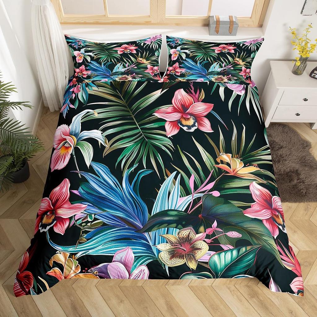 Dark Green Boho Duvet Cover Tropical Botanical Bedding Set Abstract Mid Century Palm Leaf Comforter Covers Plant Home Room Decor