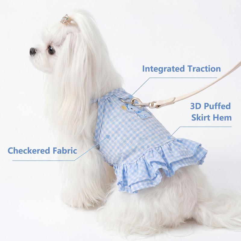 Cute Blue Plaid Dog Dress Breathable Bow Puppy Summer Clothes With Traction Harness For Small Medium Teddy Chihuahua Dog Clothes