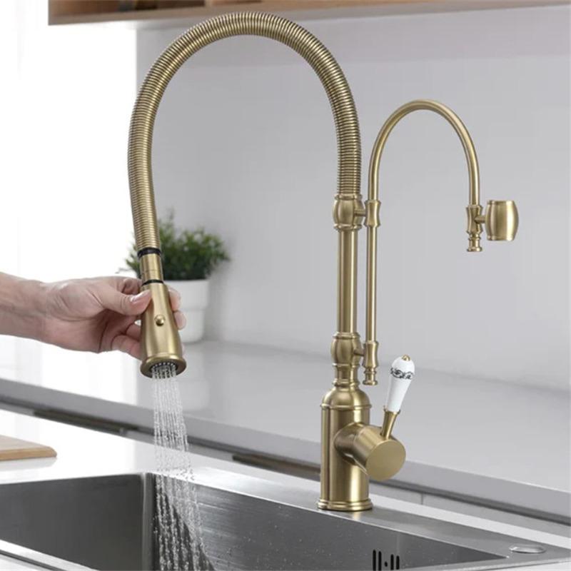 Brushed Gold Pull Out Kitchen Faucet Gold Kitchen Sink Mixer Tap Total Brass Kitchen Faucet Vanity Water Tap Faucet Sink Faucet