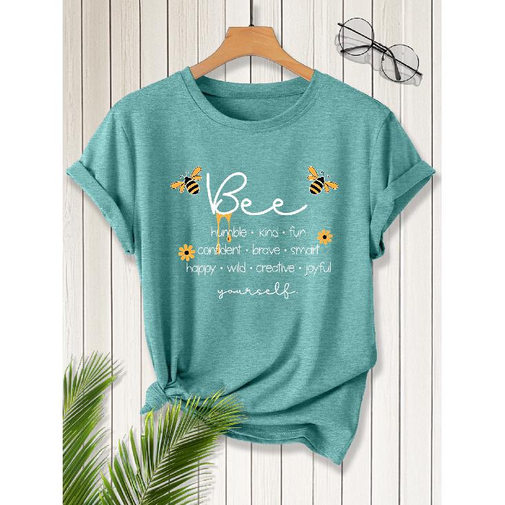Bee yourself Bee Positive Energy Slogan Print Short Sleeve Vintage Distressed Round Neck T Fresh and natural style loose-fitting shirt 2026 Elegant S