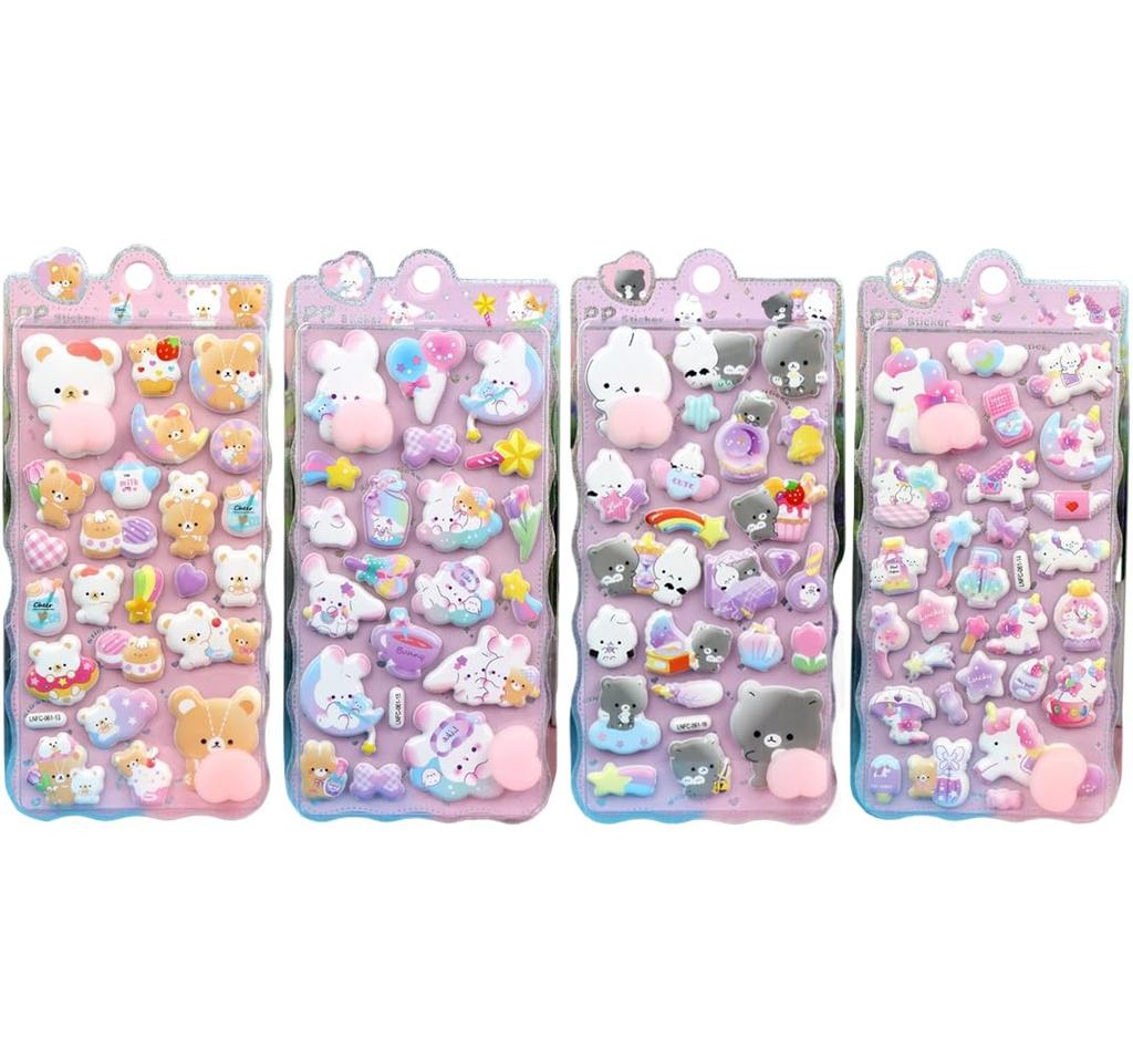 Set of 4 Squishy 3D Cute Reward Stickers for DIY and Panda Perfect for Diaries and Stress and Gifts Stickers, Decoration, Rabbit, Unicorn, Bear,