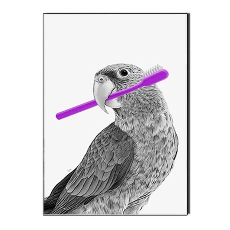 Raccoon Shark Giraffe Parrot Lion Brushing Teeth Canvas Painting Bathroom Wall Art Poster Toilet Decor Shower Room Decoration