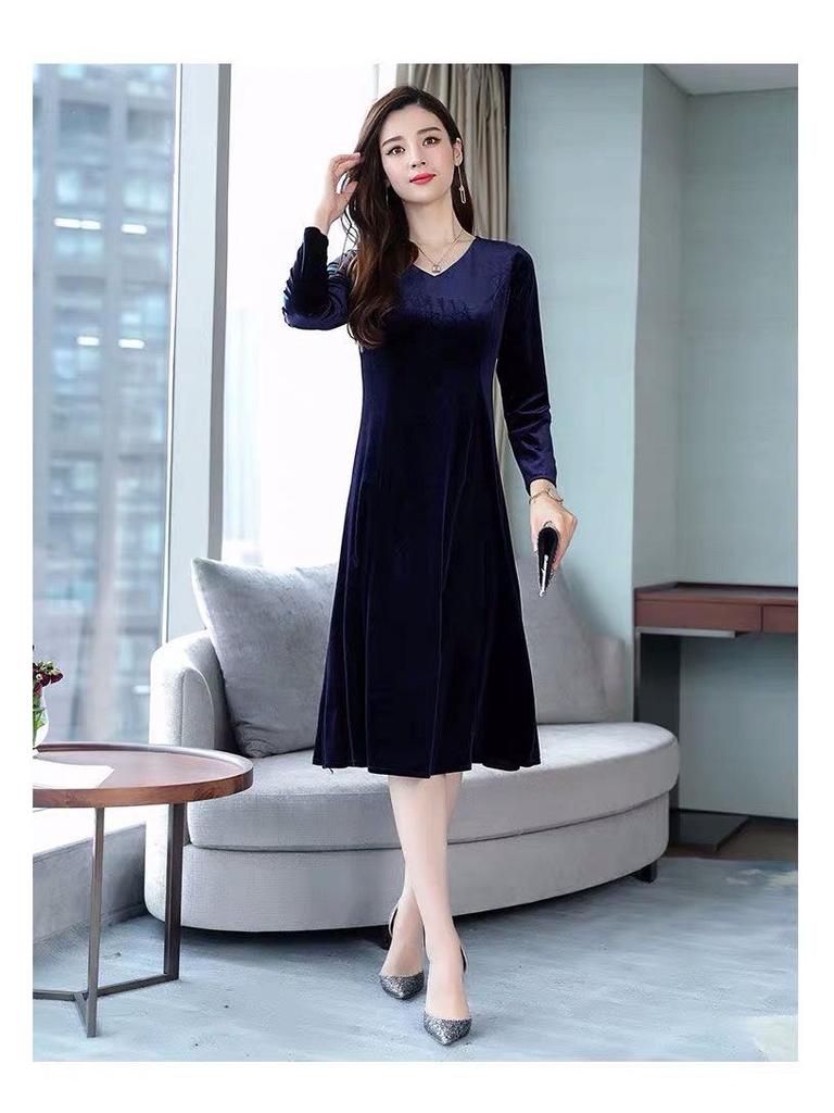 Elegantes Samt-Langarmkleid für Damen - Taillenbetonender Midirock für jede Jahreszeit