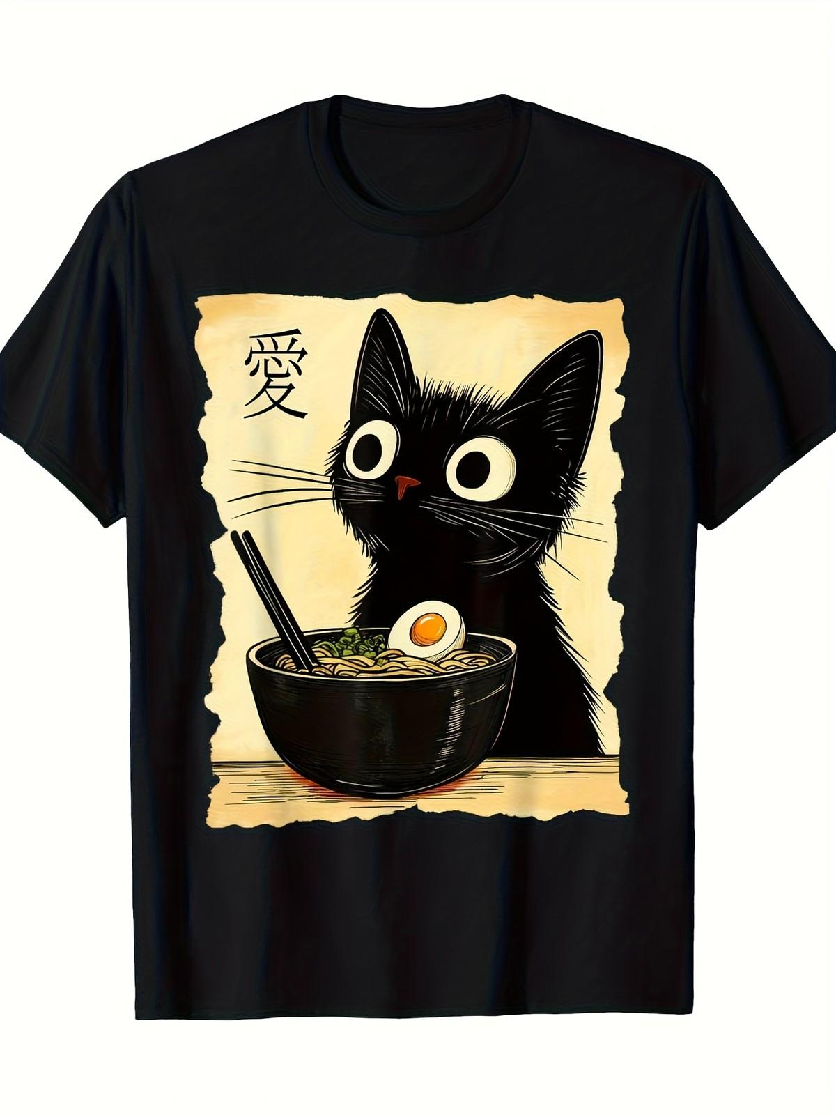 [Kawaii Cat ] Funny Cat Ramen Graphic Tee Japanese Anime Style, Short Sleeve, S