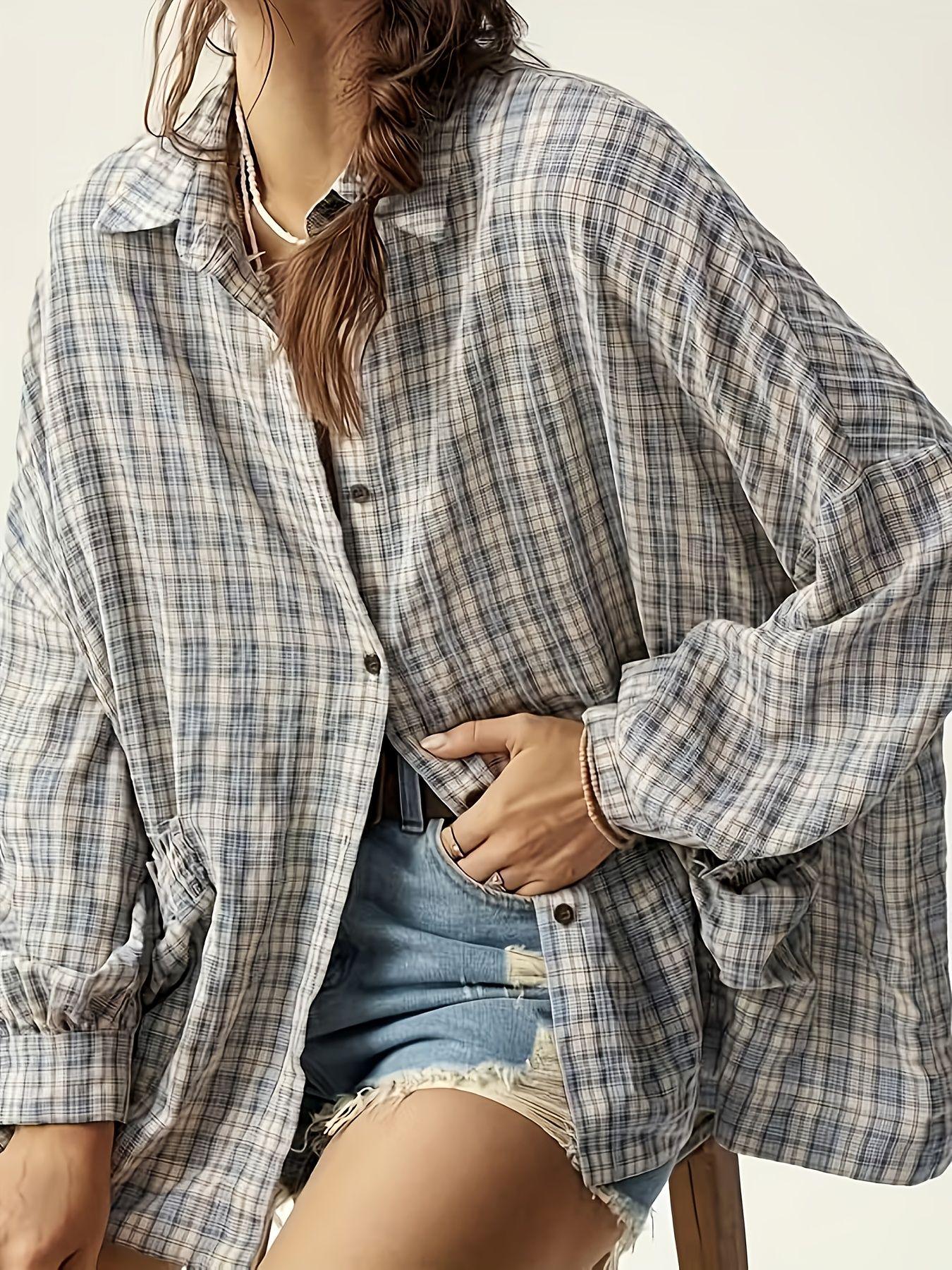 

2026 Unisex Plaid Pleated Lapel Plus Size Long Sleeve Shirt 3XL синий