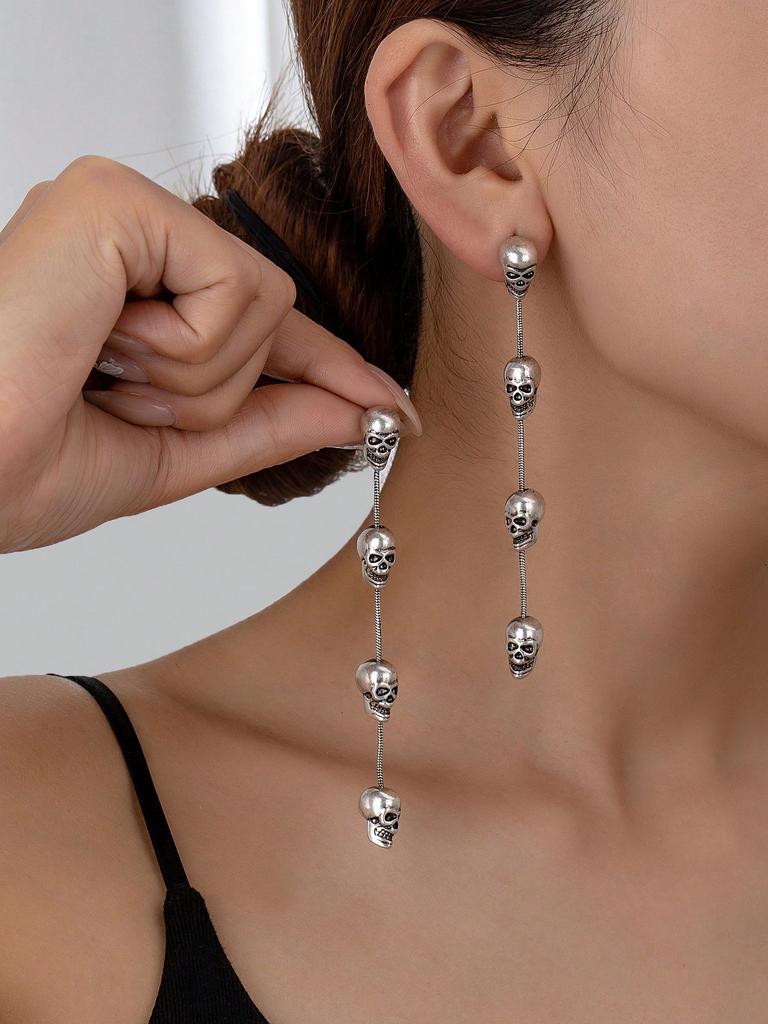 1pair Exaggerated European&American Style Long Tassel Skull Dangle Earrings For Women, Halloween